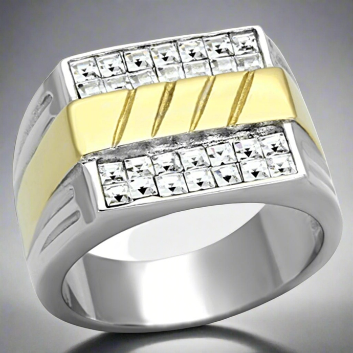 Mens Golden Embedded Two Toned Stainless Steel CZ Ring